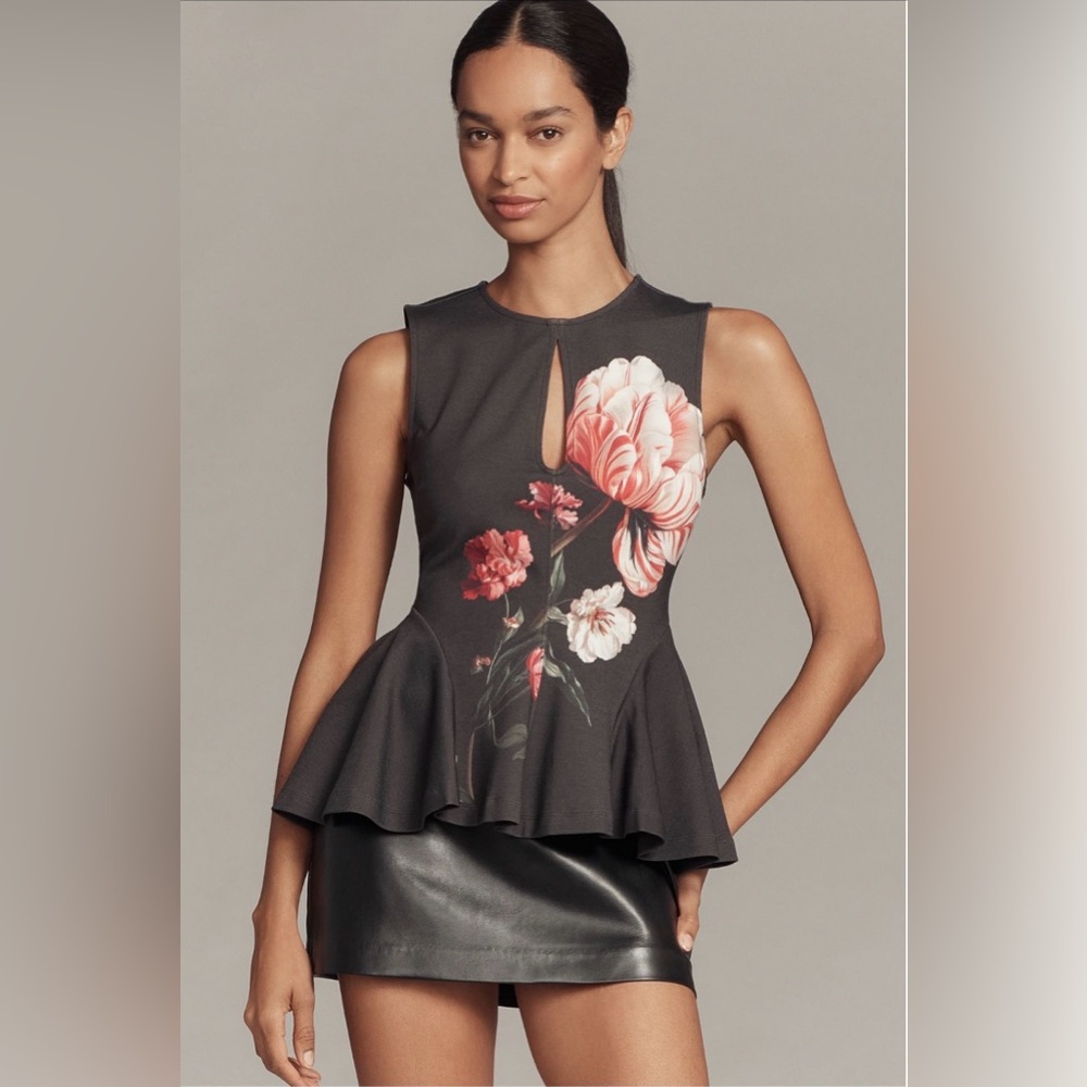 Maeve Floral Peplum Top - Black with Pink and Red Accents